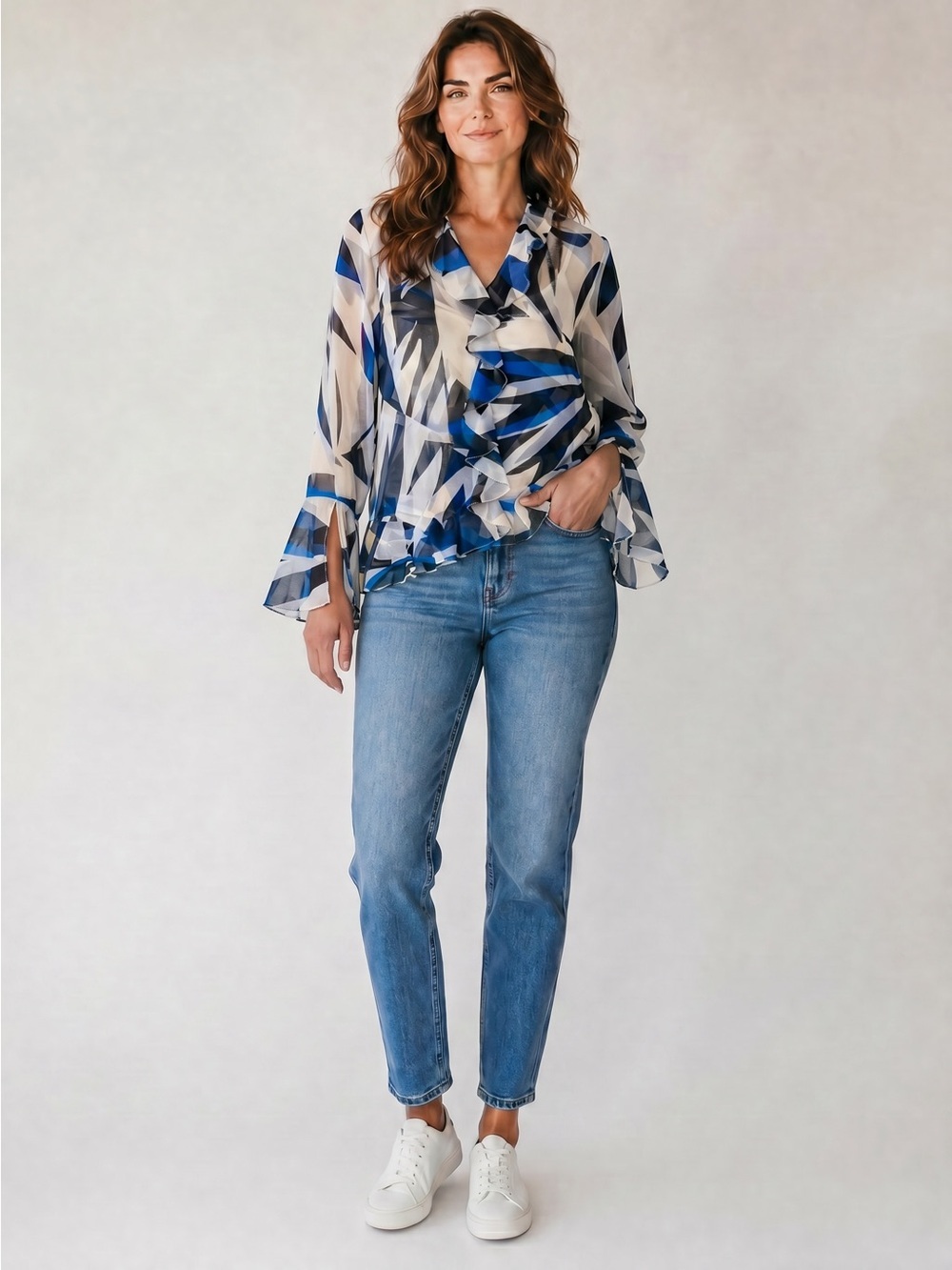 New White House Black Market Sheer Abstract Blue and White Ruffle Blouse Size XS